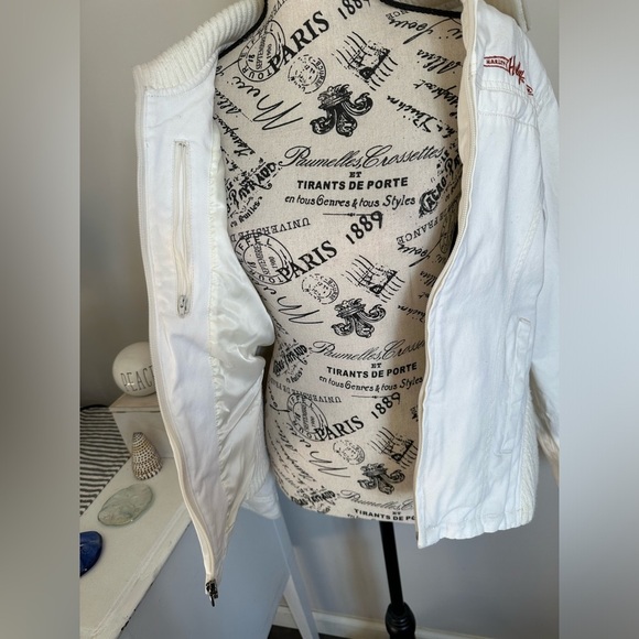 Harley Davidson Embroidered Ivory Denim Moto Jacket Size Large - Picture 3 of 6